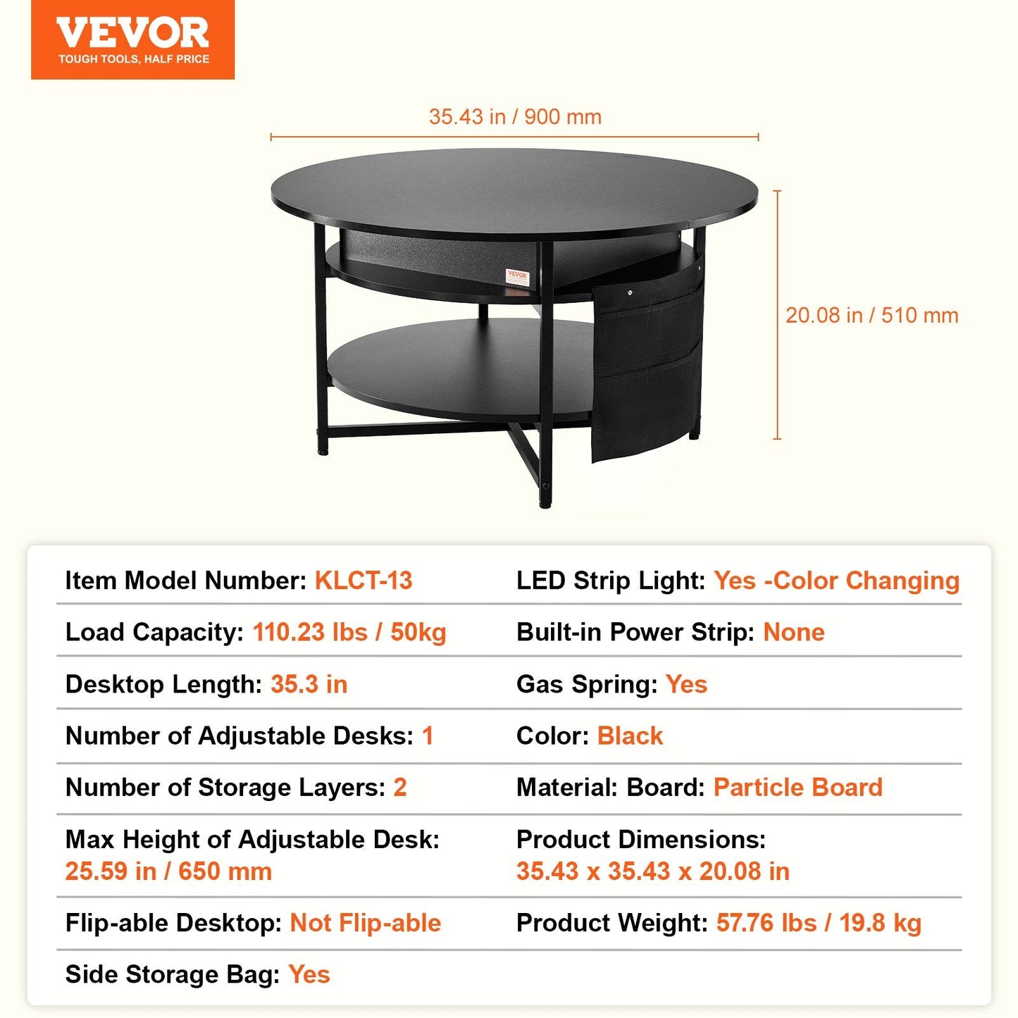 Round Lift Top Coffee Table, Adjustable Black Design with Storage, 90 cm Diameter