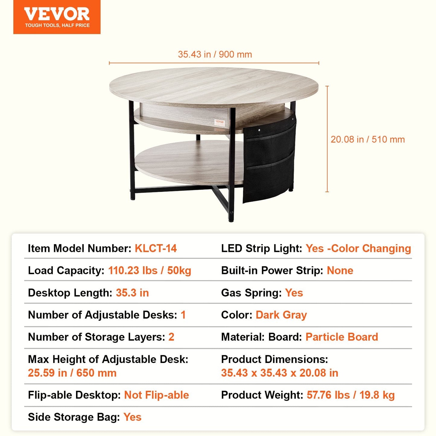 Round Lift-Top Coffee Table with Storage, 0.9 m Diameter, White