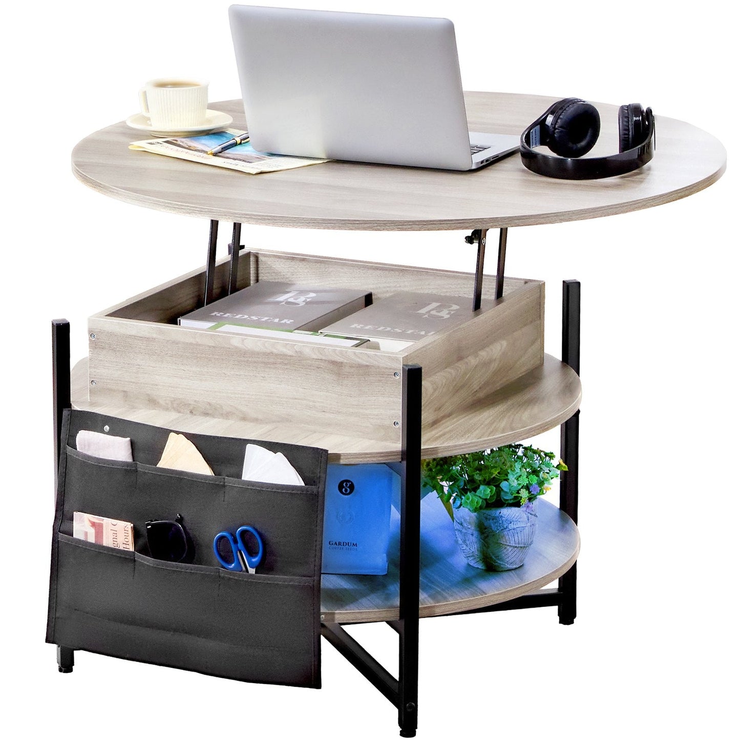 Round Lift-Top Coffee Table with Storage, 0.9 m Diameter, White