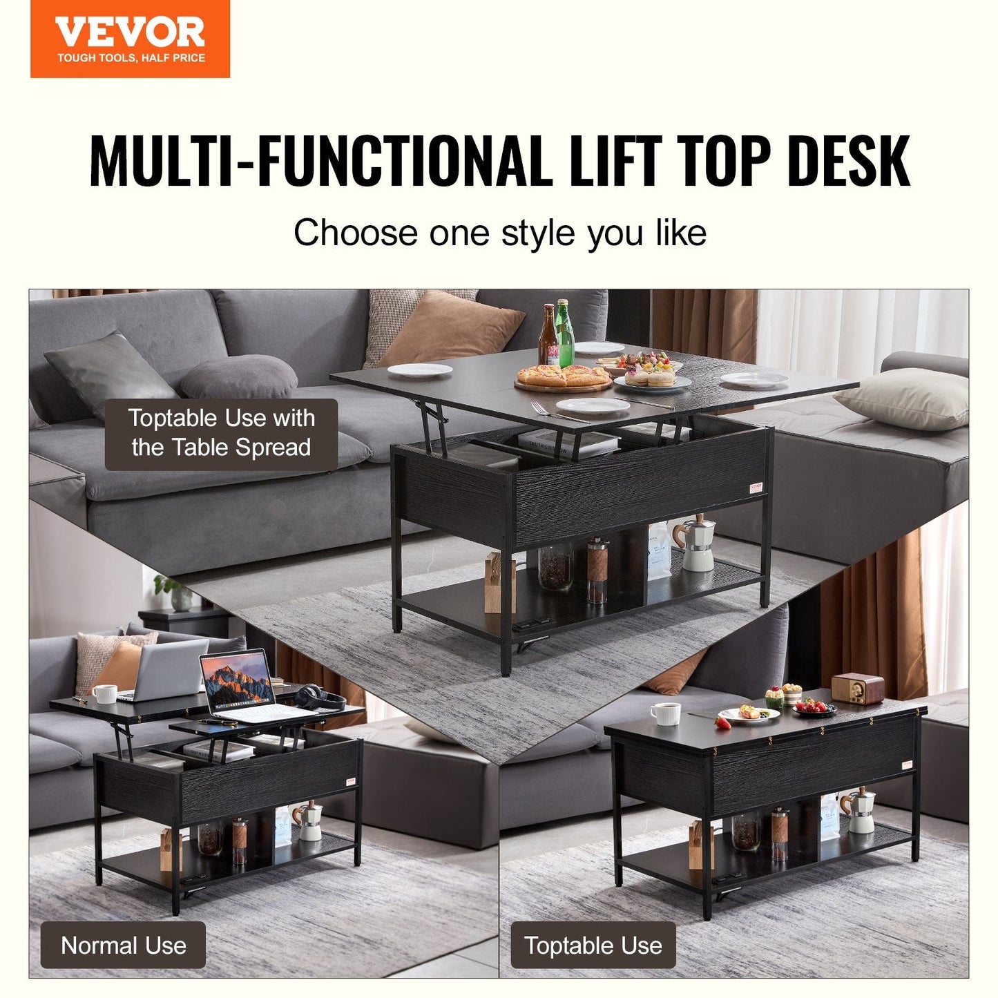 Lift Top Coffee Table with Adjustable Height, LED Lighting & USB Ports, Black