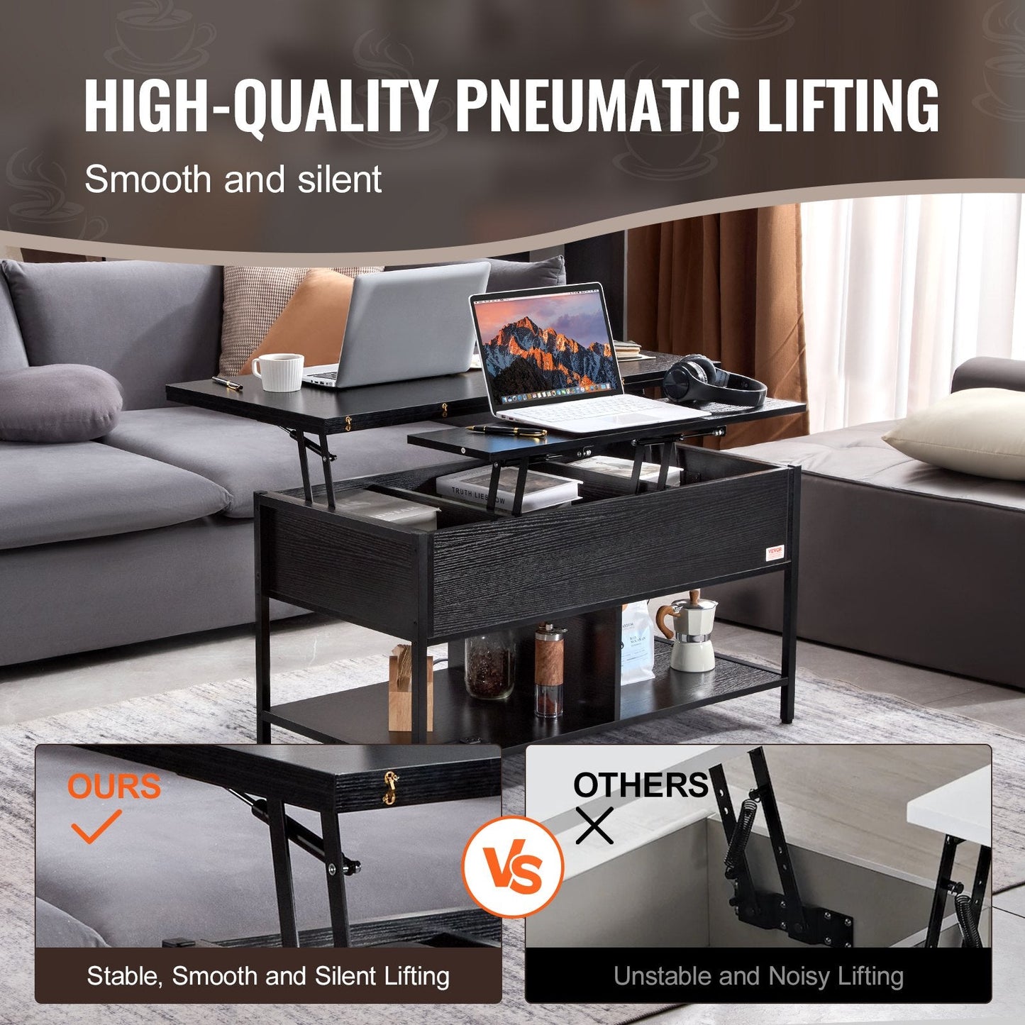 Lift Top Coffee Table with Adjustable Height, LED Lighting & USB Ports, Black