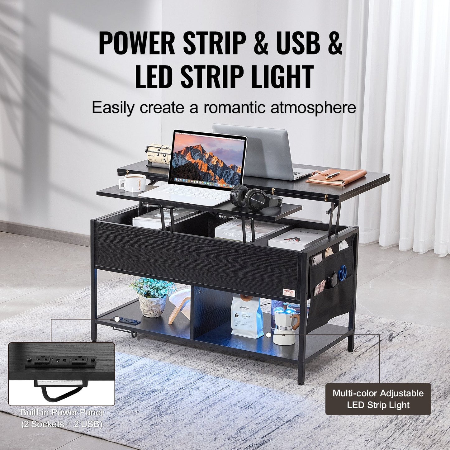 Lift Top Coffee Table with Adjustable Height, LED Lighting & USB Ports, Black