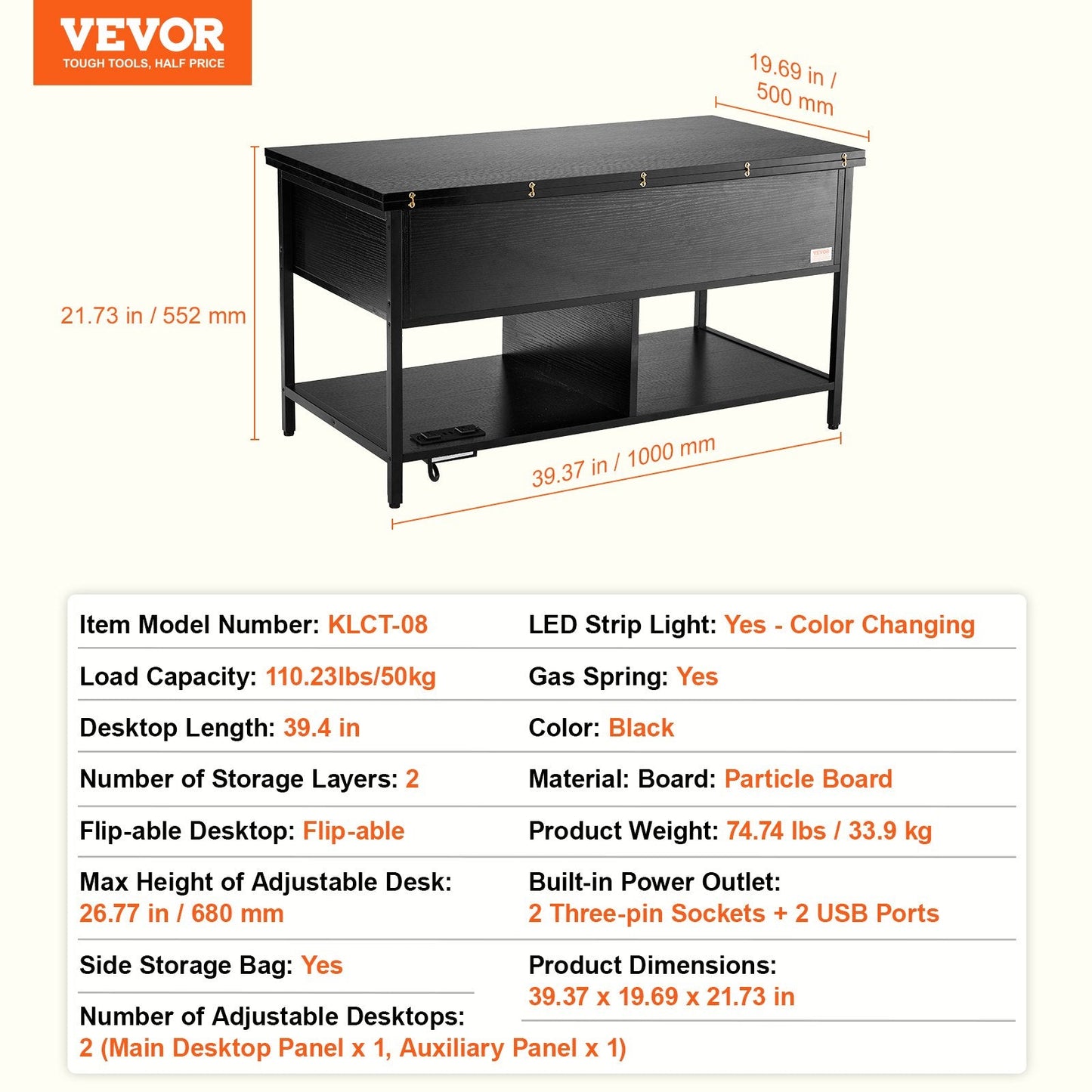 Lift Top Coffee Table with Adjustable Height, LED Lighting & USB Ports, Black