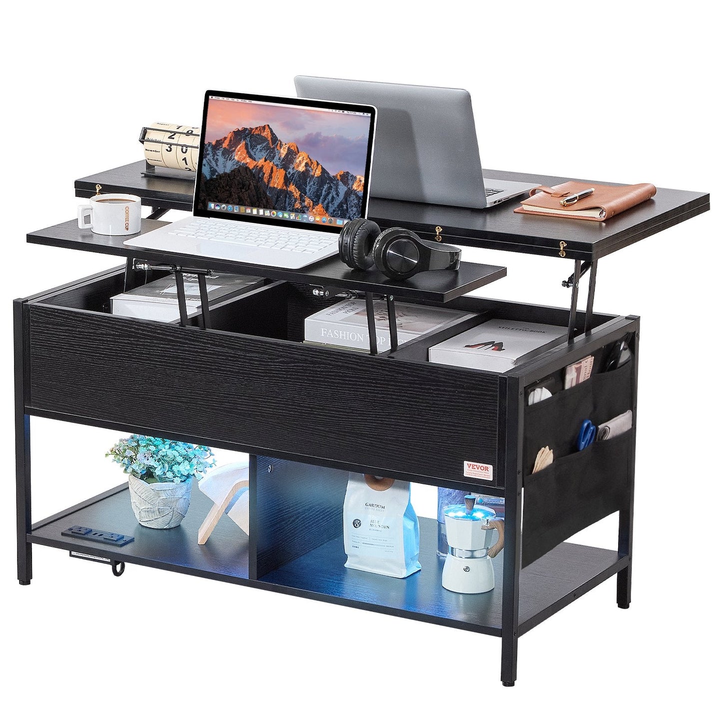 Lift Top Coffee Table with Adjustable Height, LED Lighting & USB Ports, Black