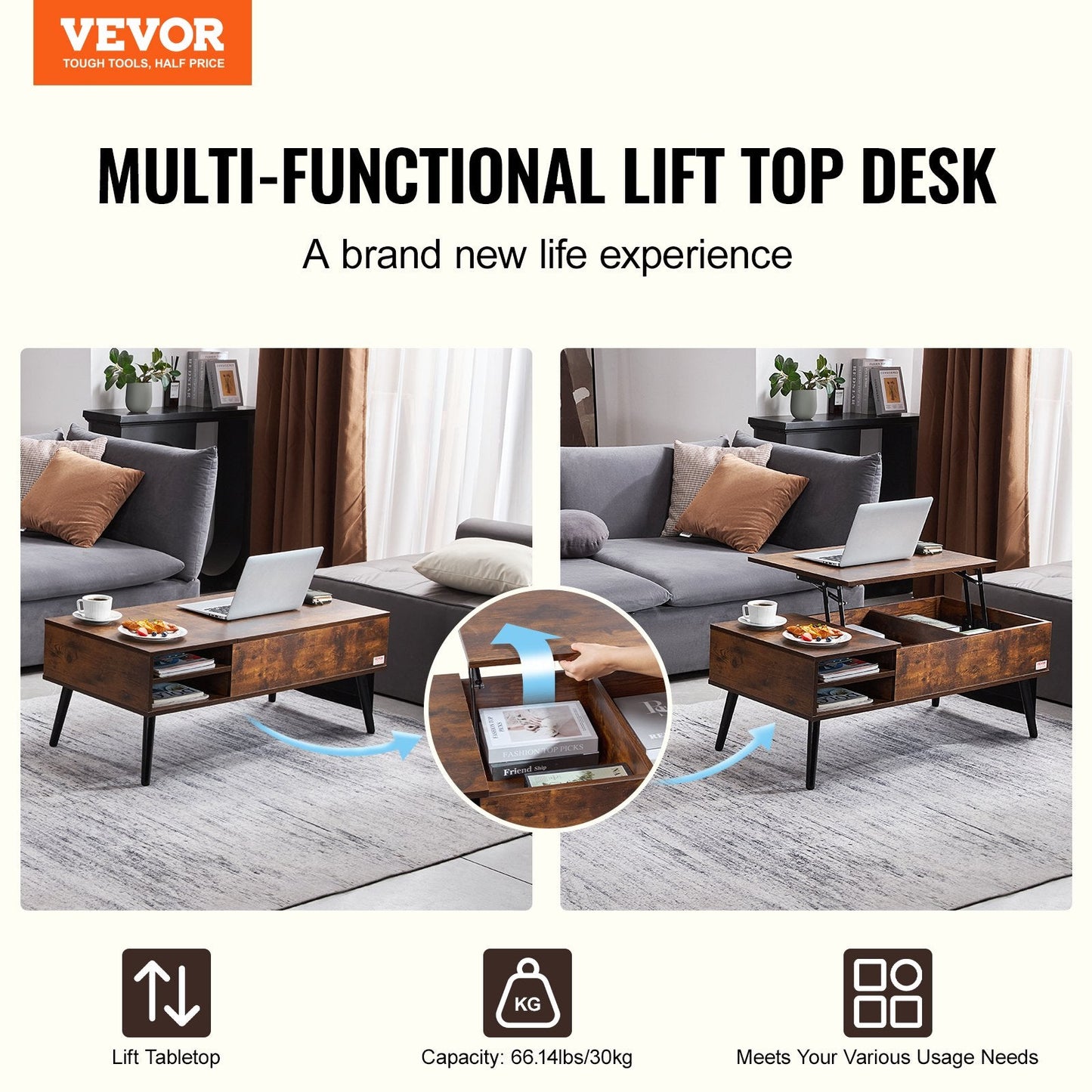Adjustable Lift-Top Coffee Table with Storage, 1m Brown Rectangle, 30kg Capacity
