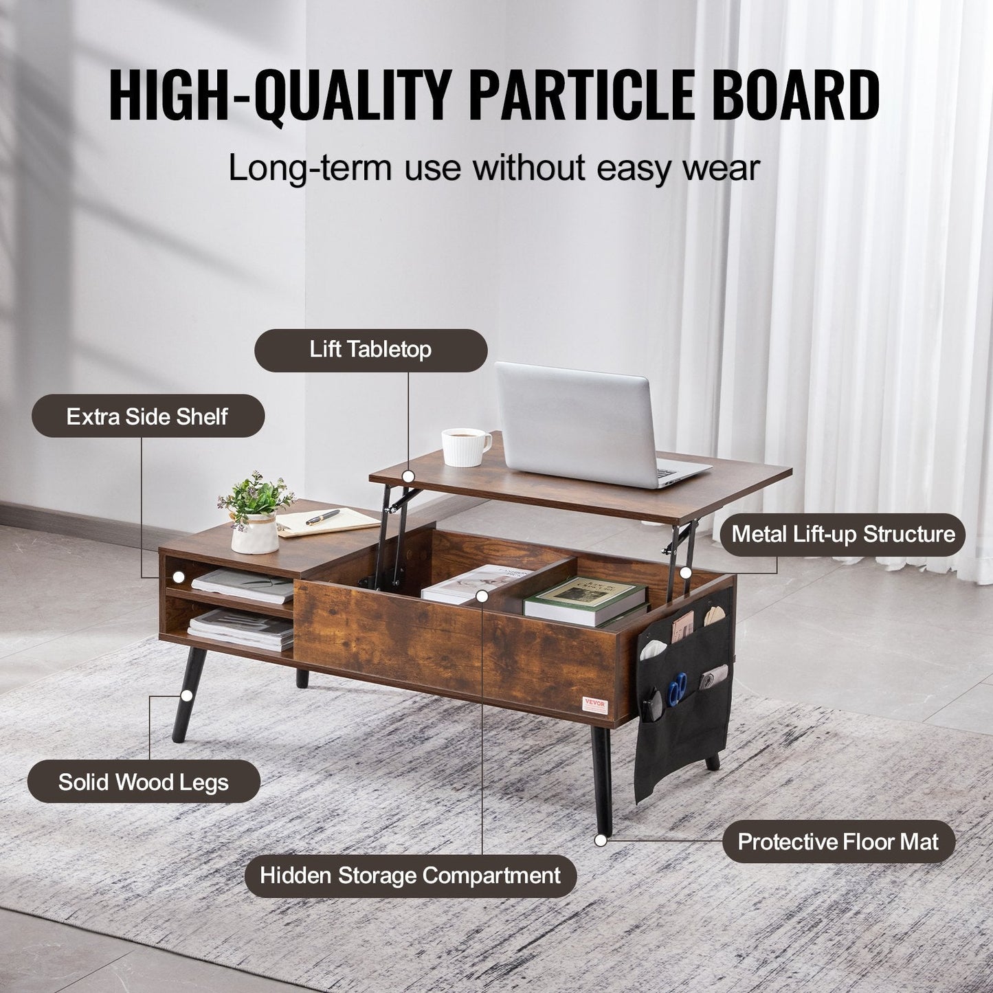 Adjustable Lift-Top Coffee Table with Storage, 1m Brown Rectangle, 30kg Capacity