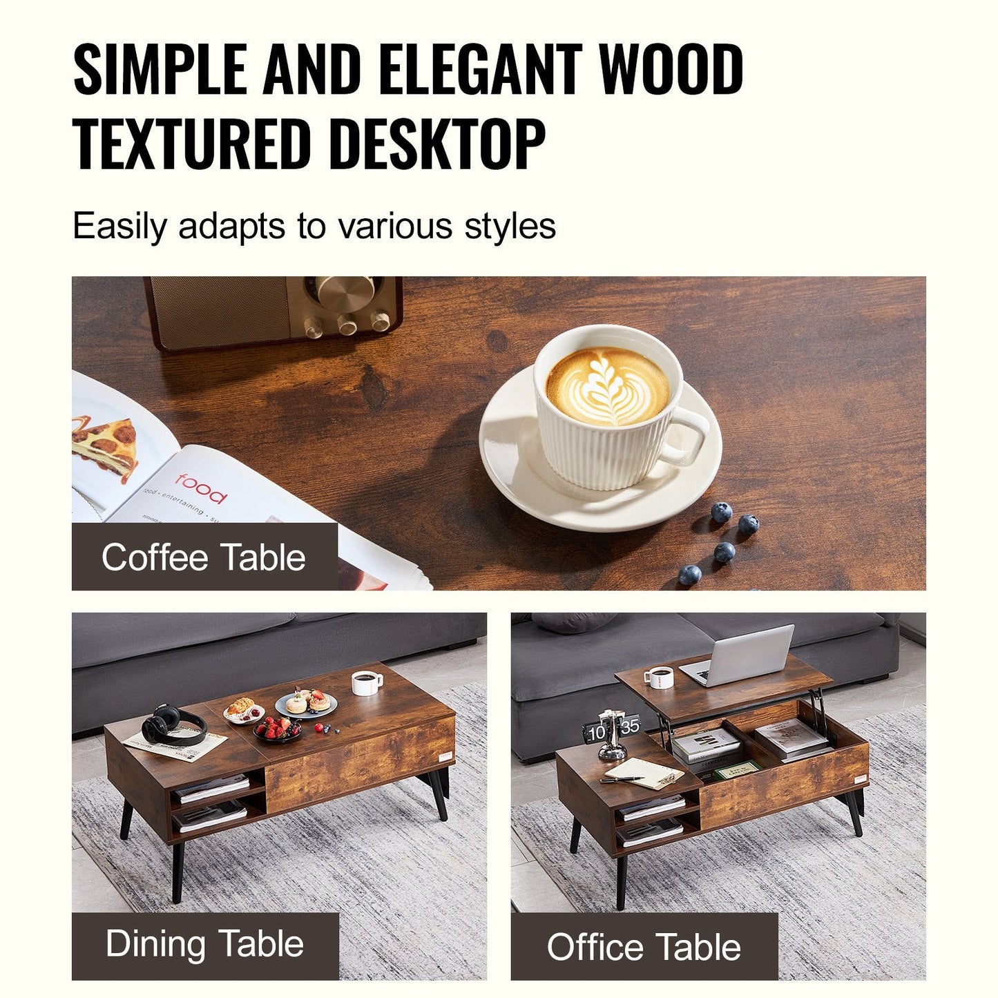 Adjustable Lift-Top Coffee Table with Storage, 1m Brown Rectangle, 30kg Capacity