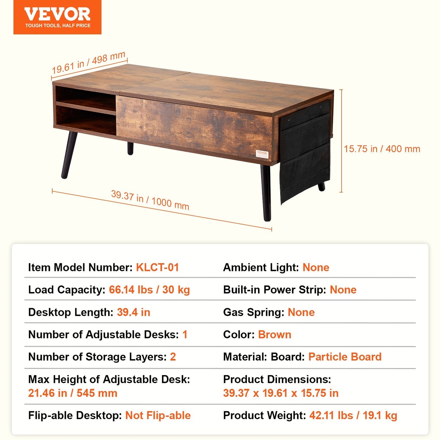Adjustable Lift-Top Coffee Table with Storage, 1m Brown Rectangle, 30kg Capacity