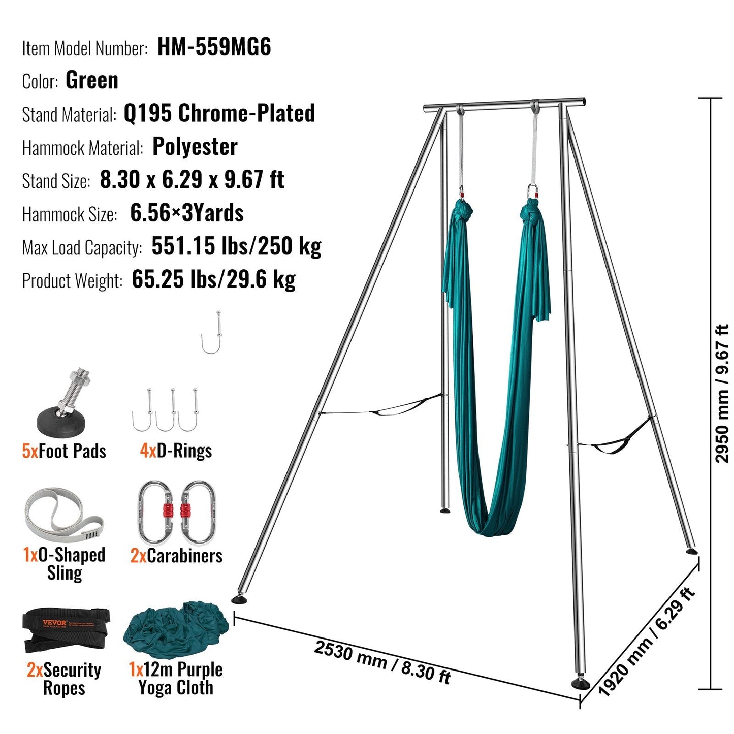 2950 mm Height Aerial Yoga Swing Stand with 6 m Hammock, 250 kg Capacity, Green