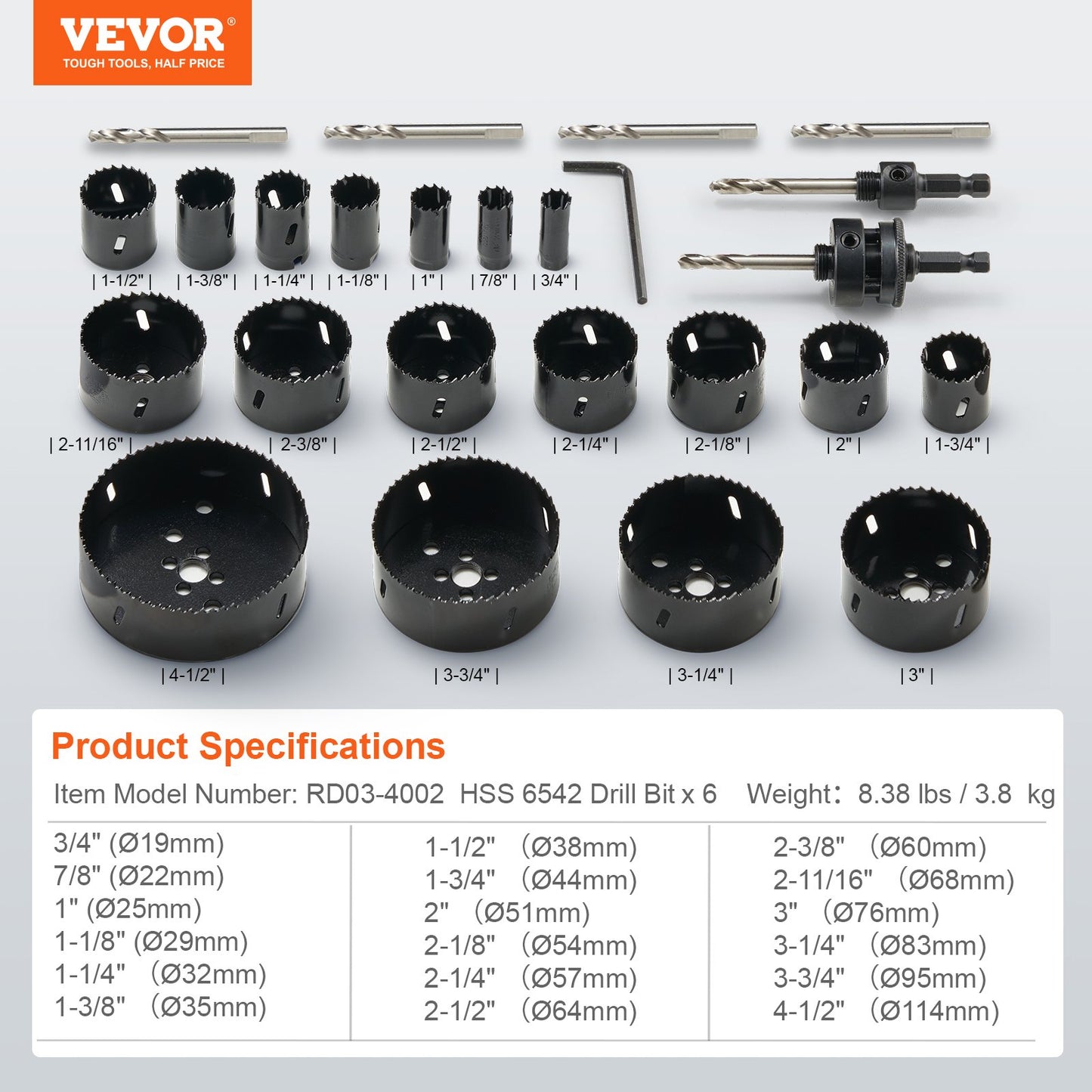 VEVOR Hole Saw Kit, 18 PCS Saw Blades, 6 Drill Bits, 1 Hex Wrench, Bi Metal M42