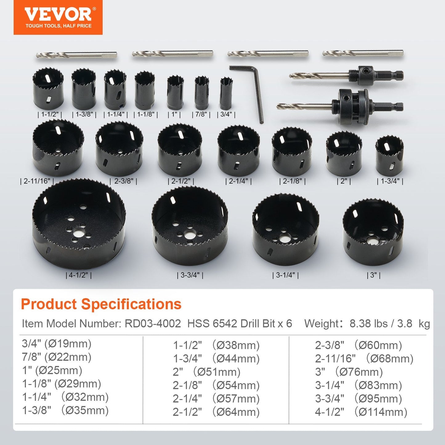 Bi-Metal M42 Hole Saw Kit: 18 Blades, 6 Drill Bits, 3/4 to 4.5m, with Case