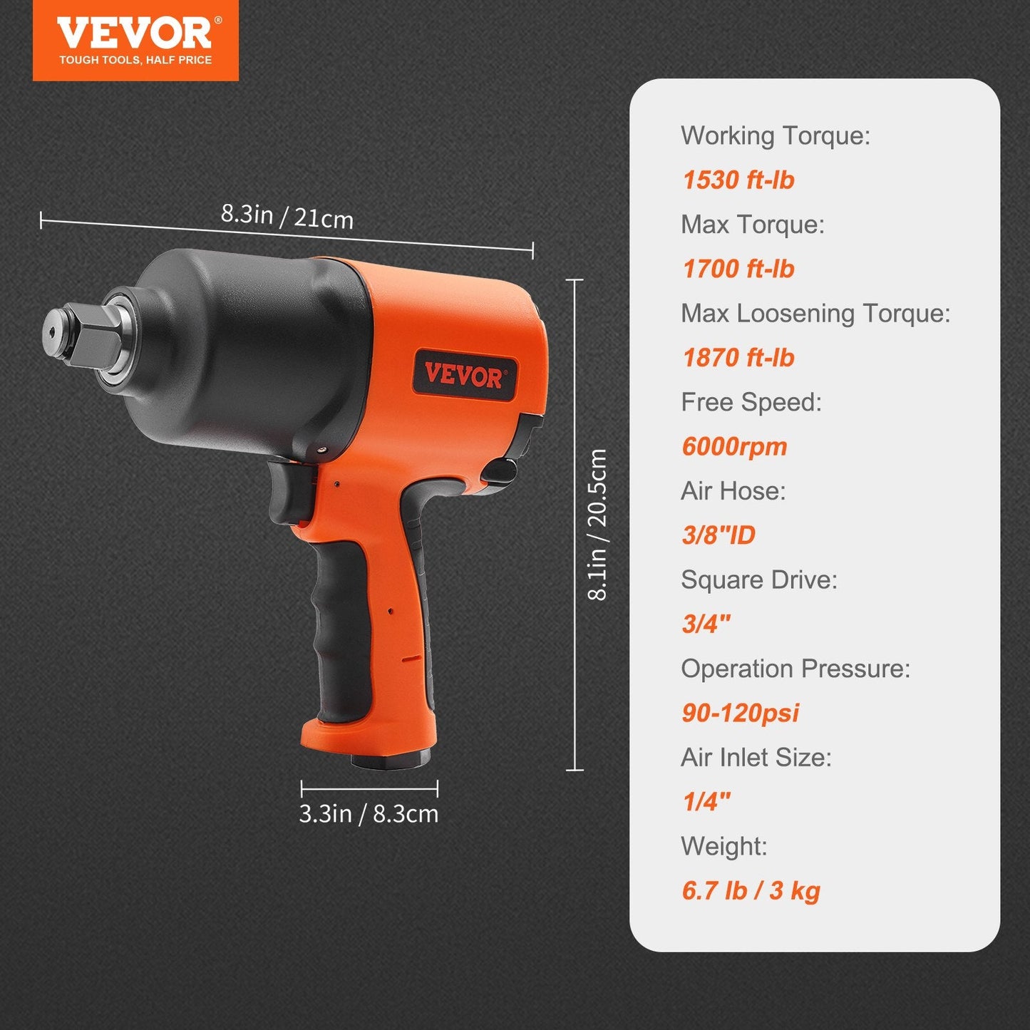 High-Torque 3/4 m Air Impact Wrench with 2536 Nm Breakaway Torque
