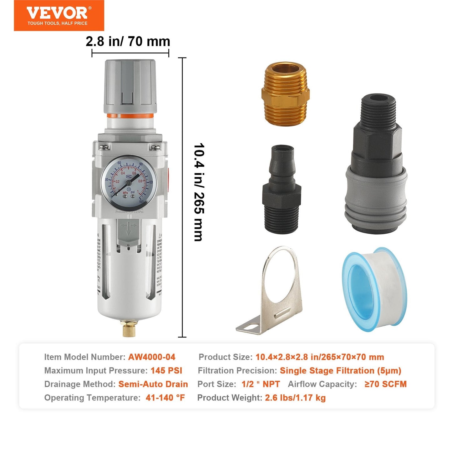 Air Compressor Filter Regulator, 1/2" NPT, 5μm, Brass Element, 1.17 kg, 265mm