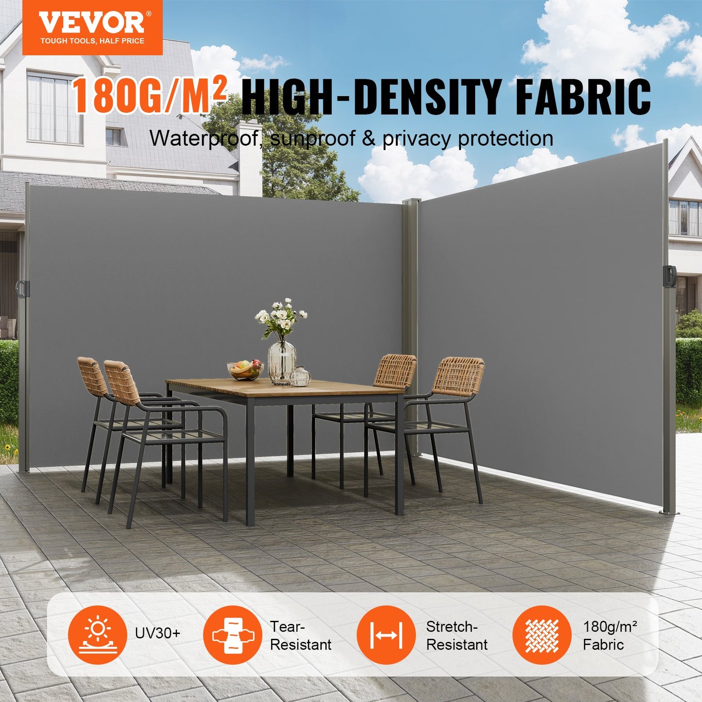 VEVOR Retractable Side Awning, 79''x 236'' Outdoor Privacy Screen, 180g Polyester