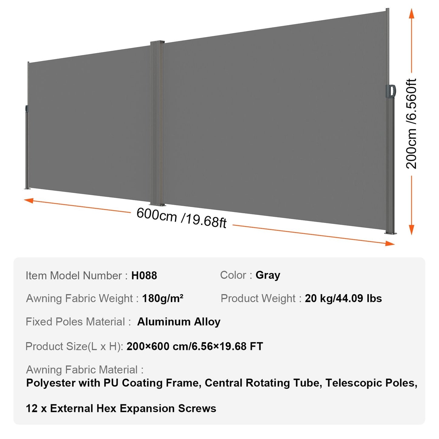 Retractable Outdoor Privacy Screen, 2x6 m Gray Polyester Wind & UV Protection