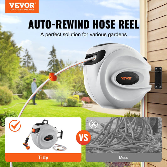 Automatic slow-rewind hose reel locks at any length for tidy, convenient lawn and garden watering