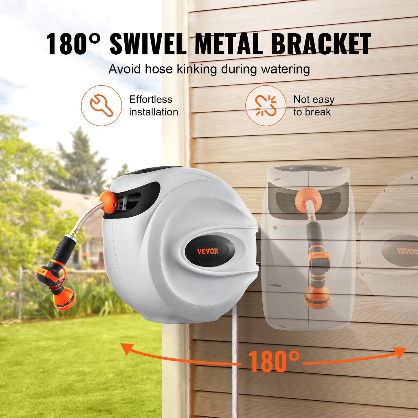 VEVOR Retractable Hose Reel, 84 ft x 5/8 inch, 180° Swivel Bracket Wall-Mounted,