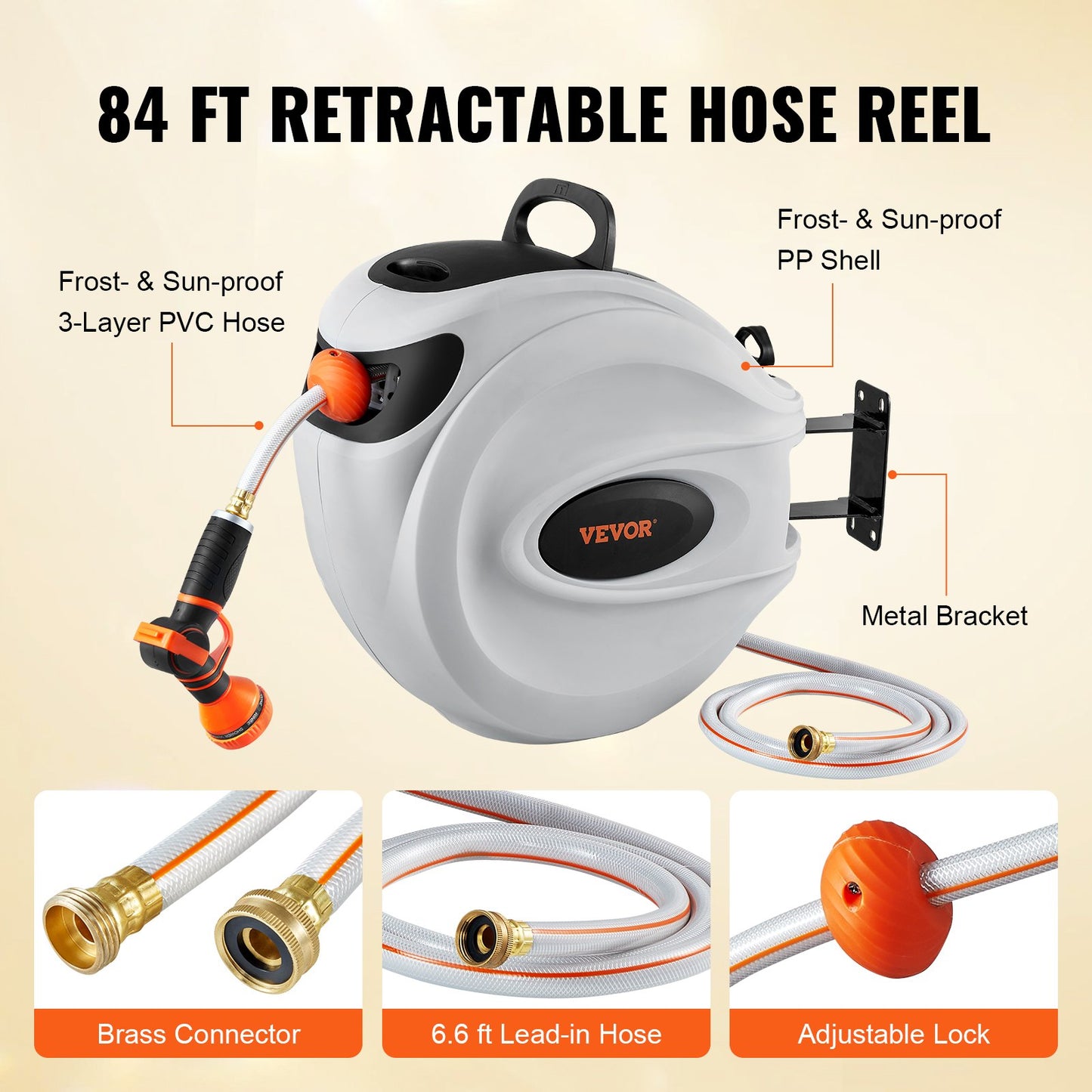 VEVOR Retractable Hose Reel, 84 ft x 5/8 inch, 180° Swivel Bracket Wall-Mounted,