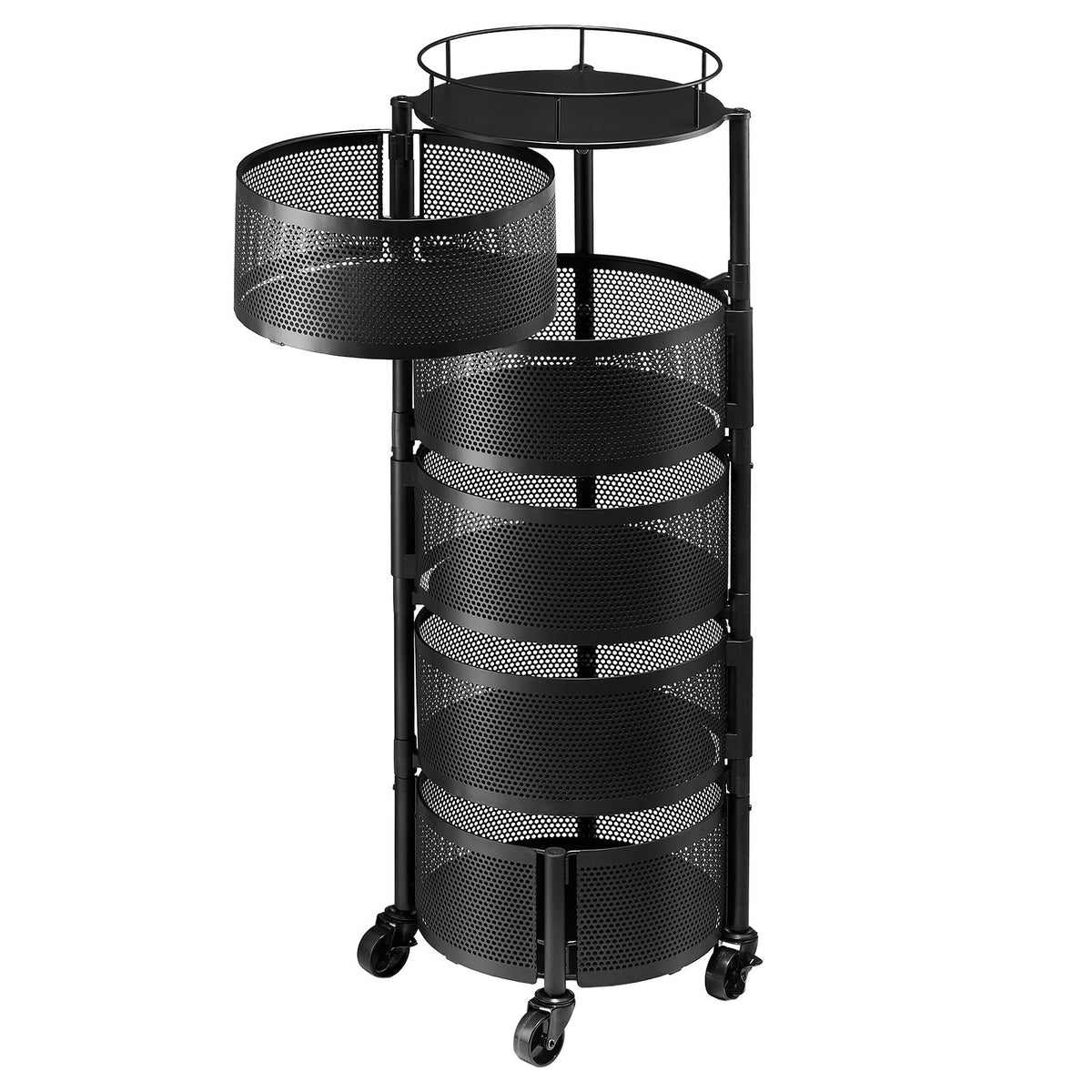 Rotating Storage Rack Cart, 5 Tier Fruit and Vegetable Basket Bowls, Heavy Duty Wire Basket Organizer on Wheels, Large Capacity Stand with Metal Top Lid, for Kitchen Bathroom Nursery, Black