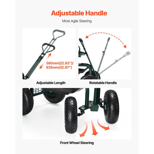 Rolling Garden Cart with Swivel Seat Wheels Extendable Handle Storage Box