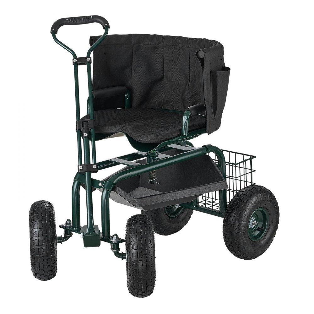 Rolling Garden Cart with Swivel Seat Wheels Extendable Handle Storage Box