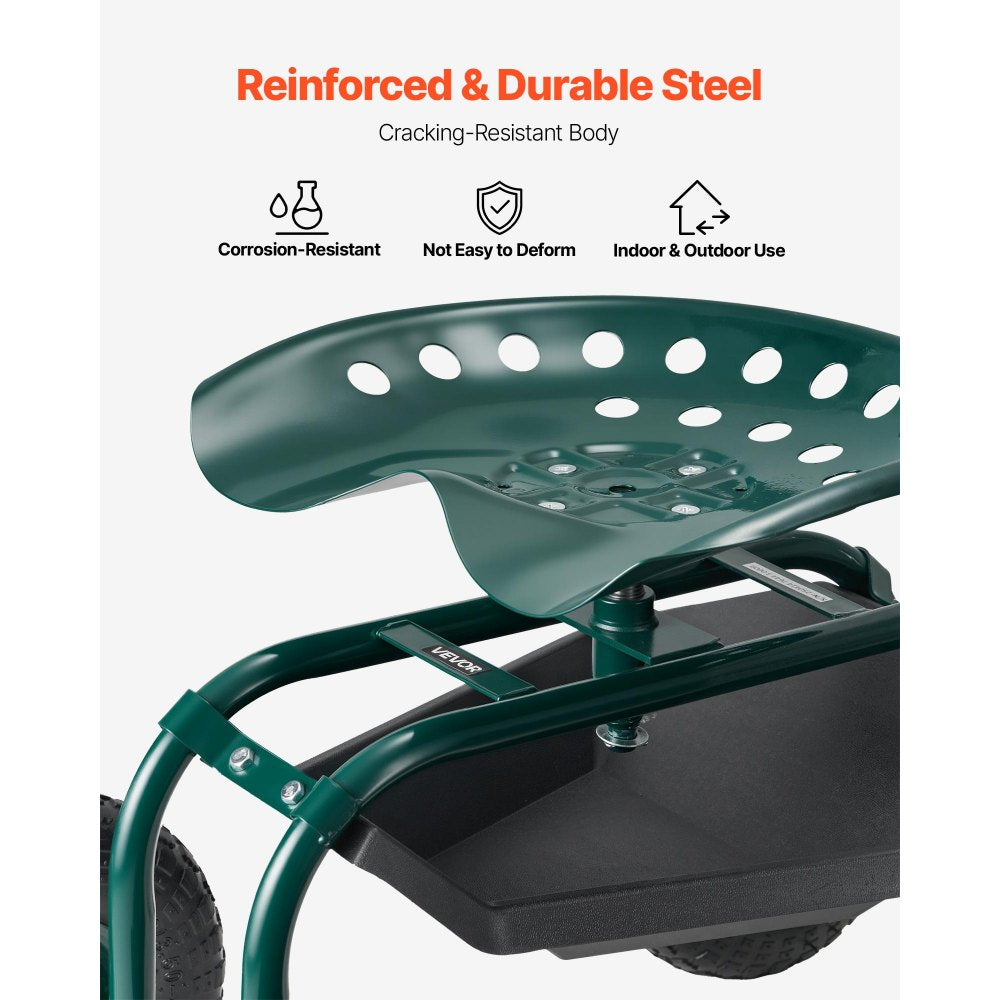 Rolling Garden Cart with Swivel Seat All-Terrain Wheels Tool Tray 136kg