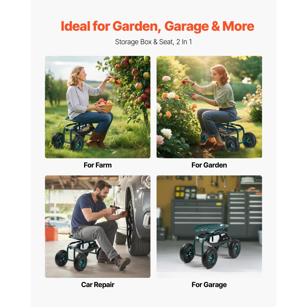 Rolling Garden Cart with Swivel Seat All-Terrain Wheels Tool Tray 136kg