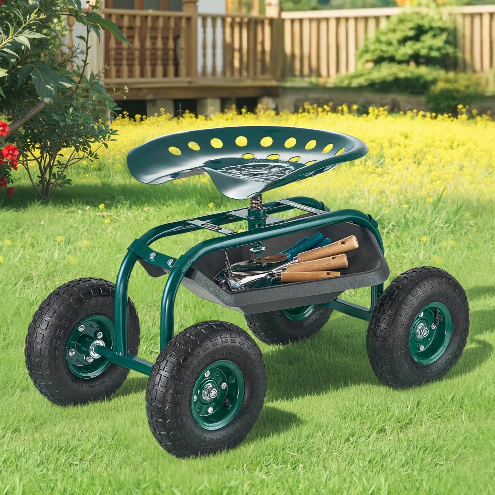 Rolling Garden Cart with Swivel Seat All-Terrain Wheels Tool Tray 136kg