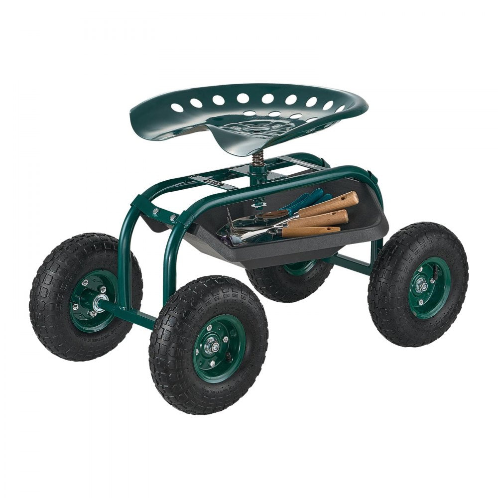Rolling Garden Cart with Swivel Seat All-Terrain Wheels Tool Tray 136kg