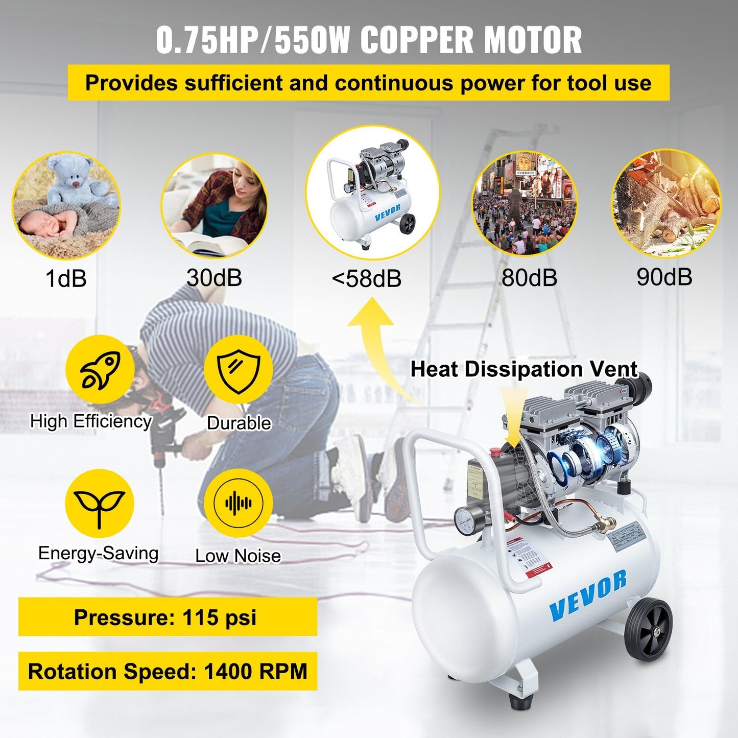 0.75HP Oil-Free Silent Air Compressor, 30L Tank, 22.5 kg, White