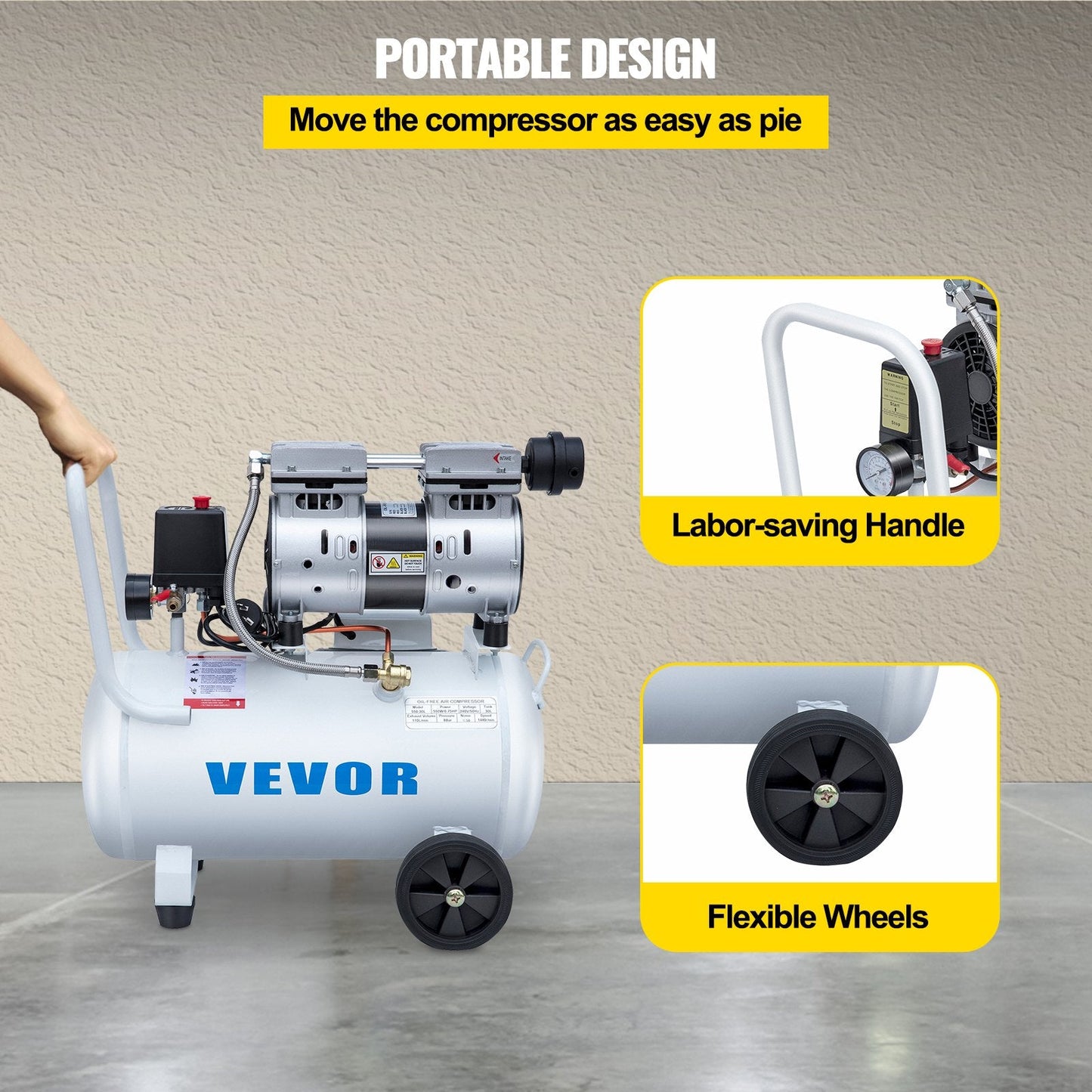 0.75HP Oil-Free Silent Air Compressor, 30L Tank, 22.5 kg, White