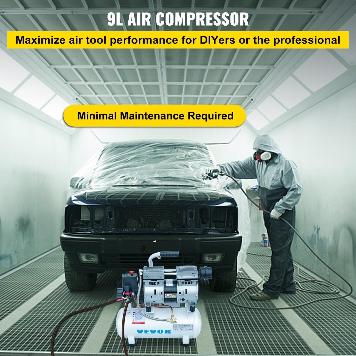 0.75HP Silent Air Compressor, 9L Tank, Oil-Free, Low Noise, Portable Design