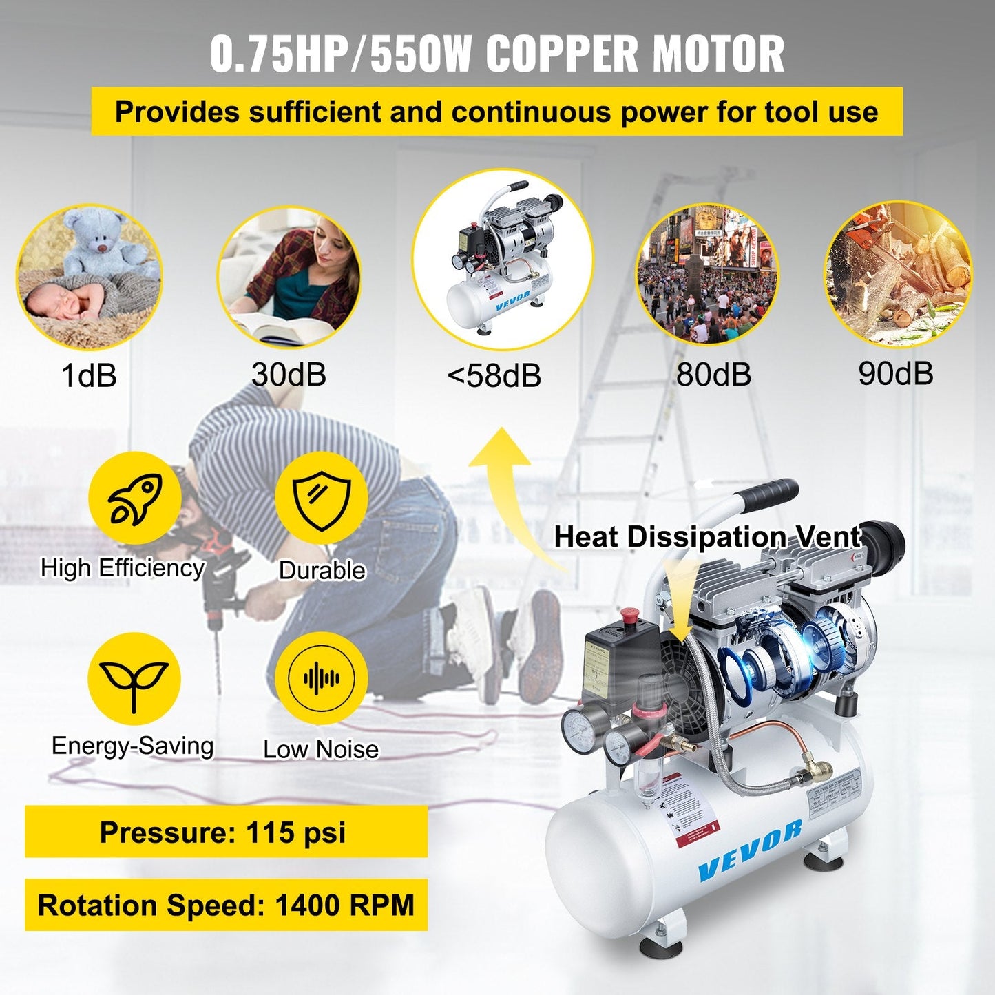 0.75HP Silent Air Compressor, 9L Tank, Oil-Free, Low Noise, Portable Design
