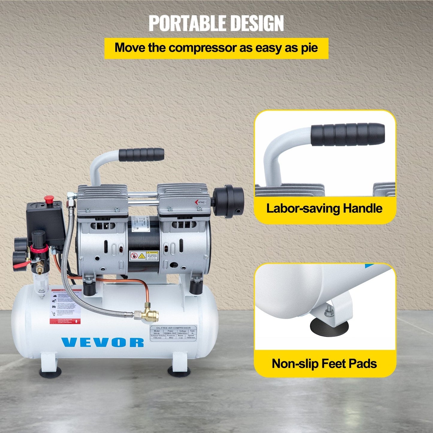 0.75HP Silent Air Compressor, 9L Tank, Oil-Free, Low Noise, Portable Design