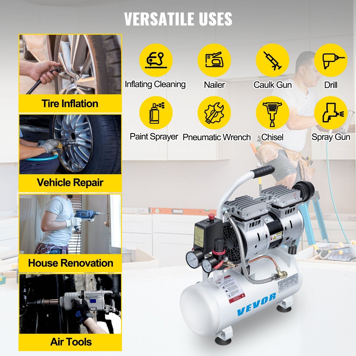 0.75HP Silent Air Compressor, 9L Tank, Oil-Free, Low Noise, Portable Design