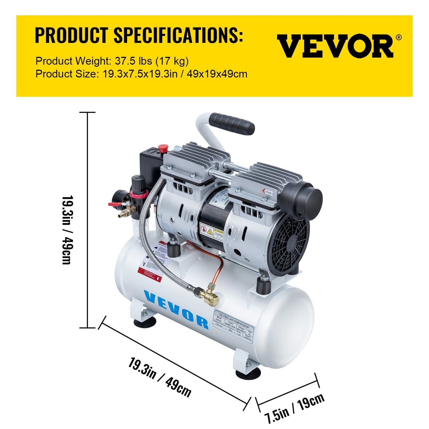 0.75HP Silent Air Compressor, 9L Tank, Oil-Free, Low Noise, Portable Design