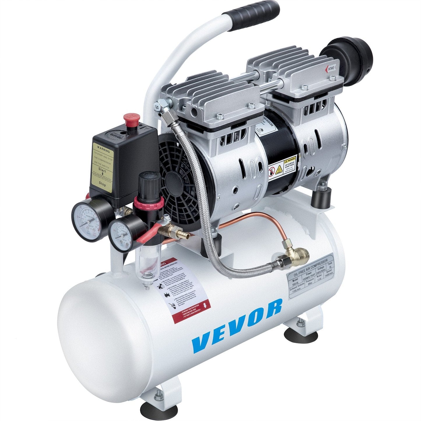 0.75HP Silent Air Compressor, 9L Tank, Oil-Free, Low Noise, Portable Design