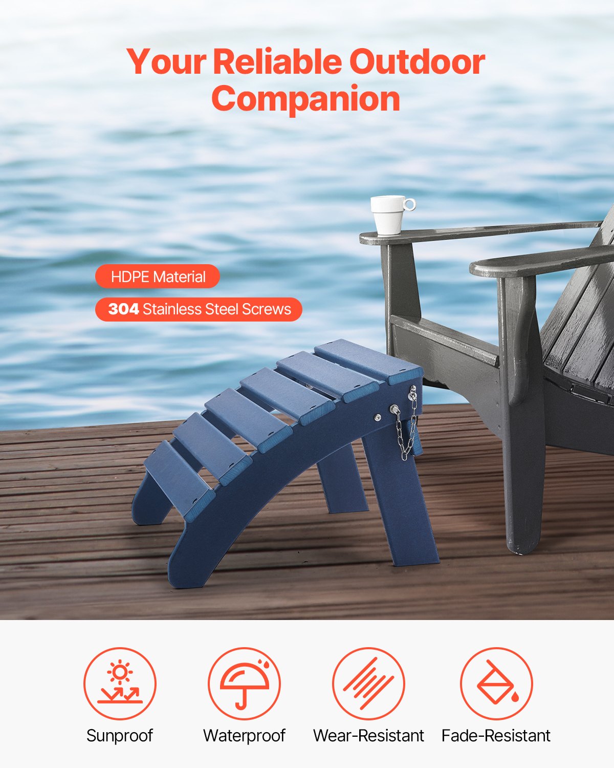 VEVOR Adirondack Ottoman 2 Set 47.5L x 48W x 35H cm HDPE Folding Footrest Blue