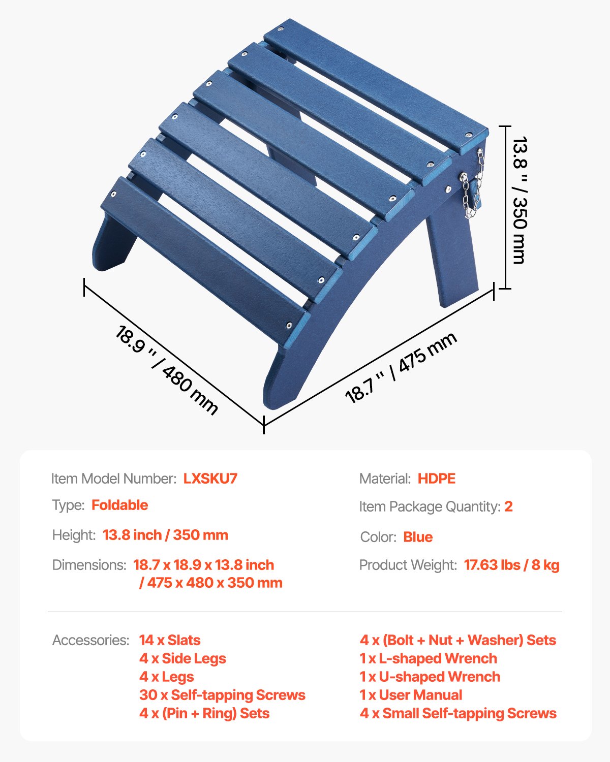 VEVOR Adirondack Ottoman 2 Set 47.5L x 48W x 35H cm HDPE Folding Footrest Blue