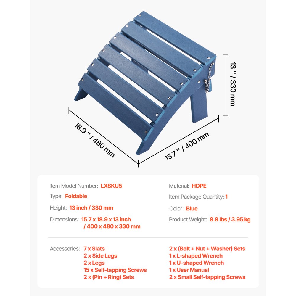 Adirondack Ottoman, 40L x 48W x 33H cm HDPE Plastic Folding Adirondack Ottoman, Weather-Resistant Foot Rest for Adirondack Chair, Widely Used for Outside Porch Pool Lawn Backyard, Blue