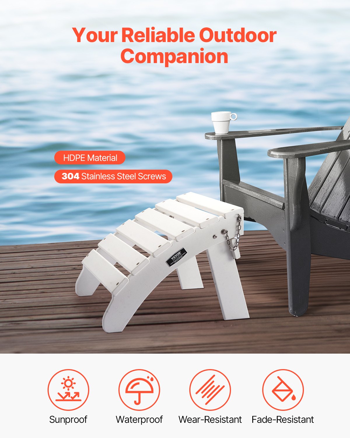 VEVOR Adirondack Ottoman 45L x 50W x 35H cm HDPE Folding Footrest White