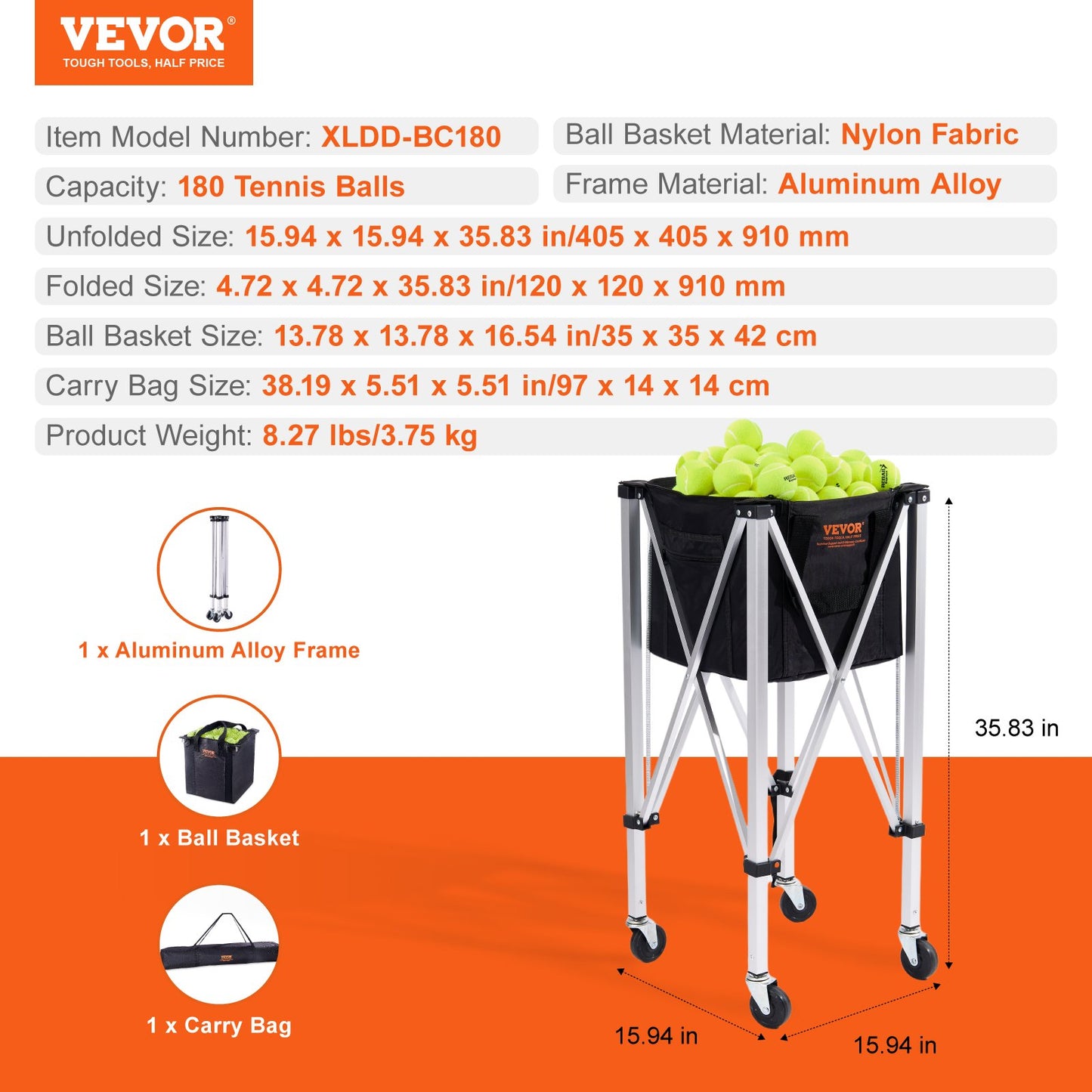 VEVOR Foldable Tennis Ball Hopper, Holds 180 Tennis Balls, Lightweight Aluminum