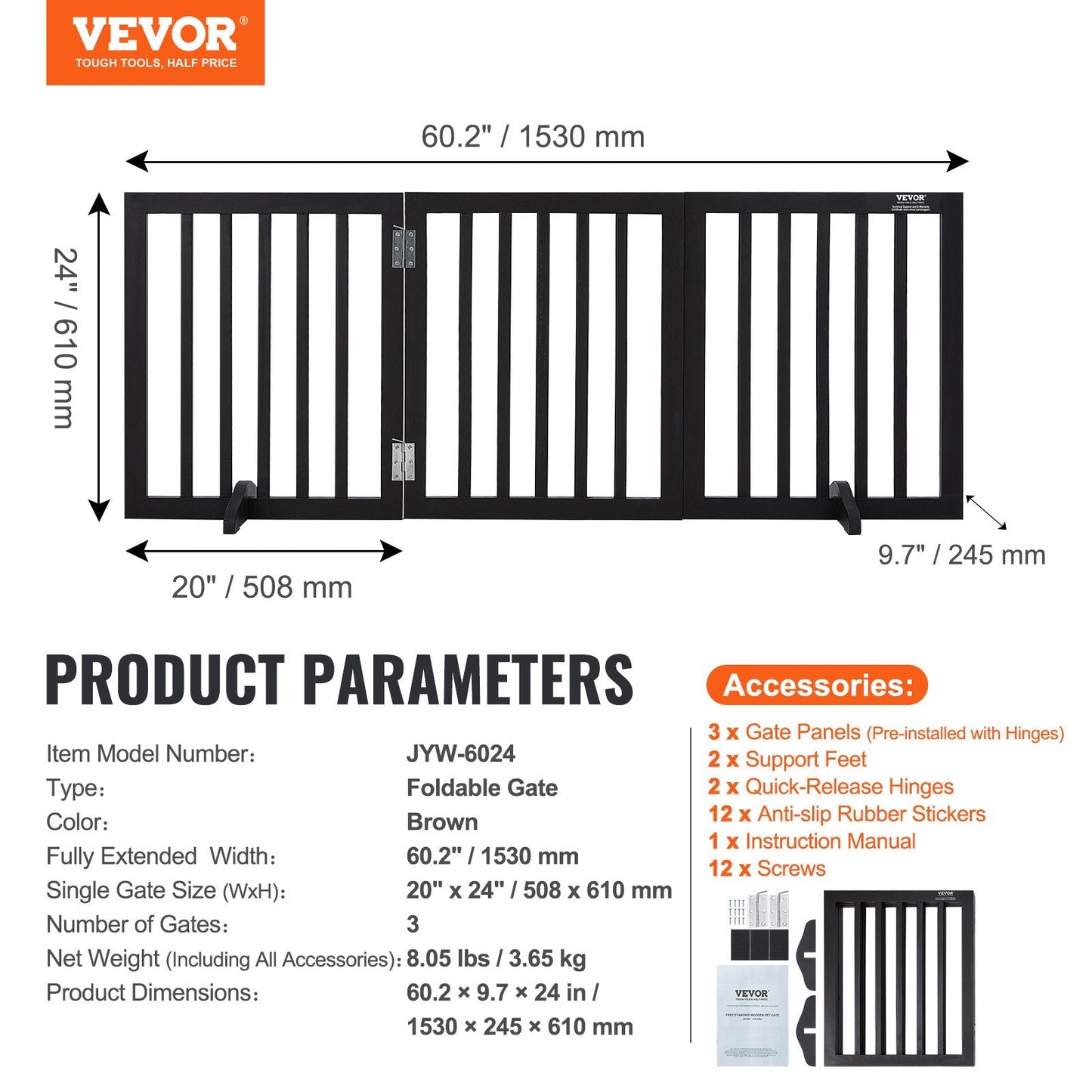 Foldable Freestanding Pet Gate, 0.6x1.5m, Brown, Modern Design, Easy Setup