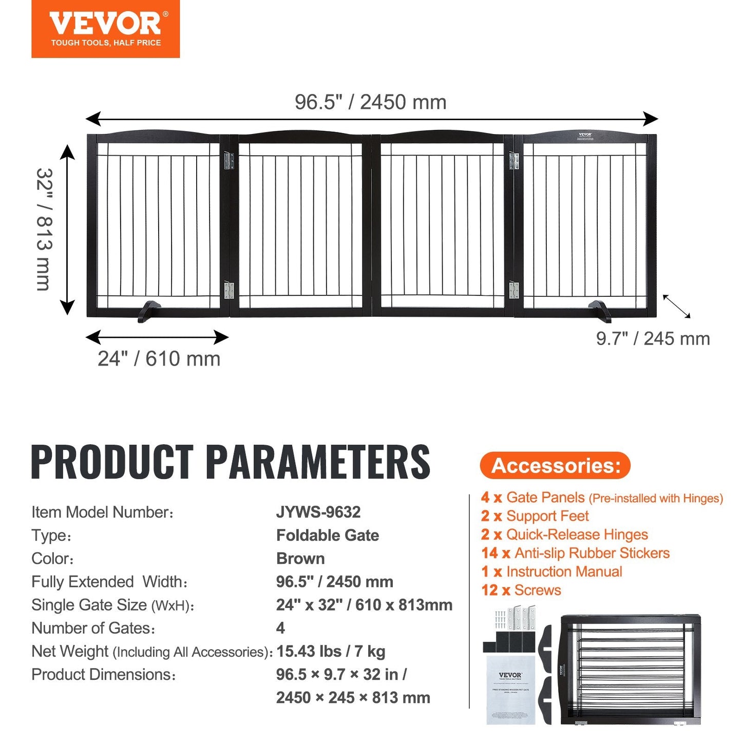 Foldable Brown Pet Gate - 2.45m Freestanding Design, Easy Assembly, Waterproof