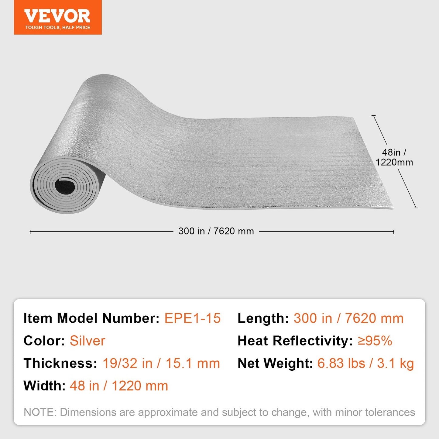 Double Reflective Radiant Barrier with Foam Core, 7.62m x 1.22m, Silver