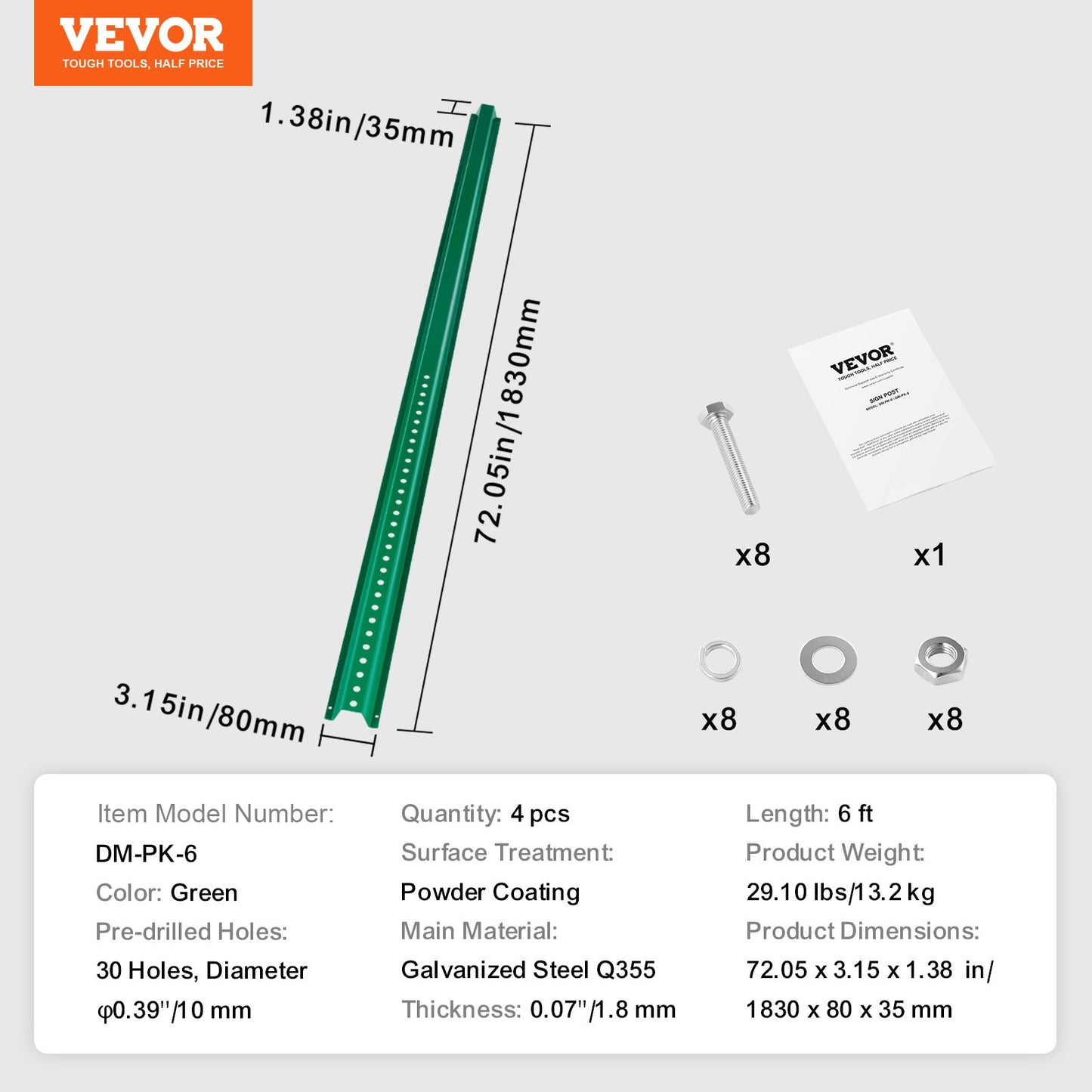 VEVOR 6FT U-Channel Sign Post, 4Pack Green Heavy Duty Steel Fixed Fence Post, Steel