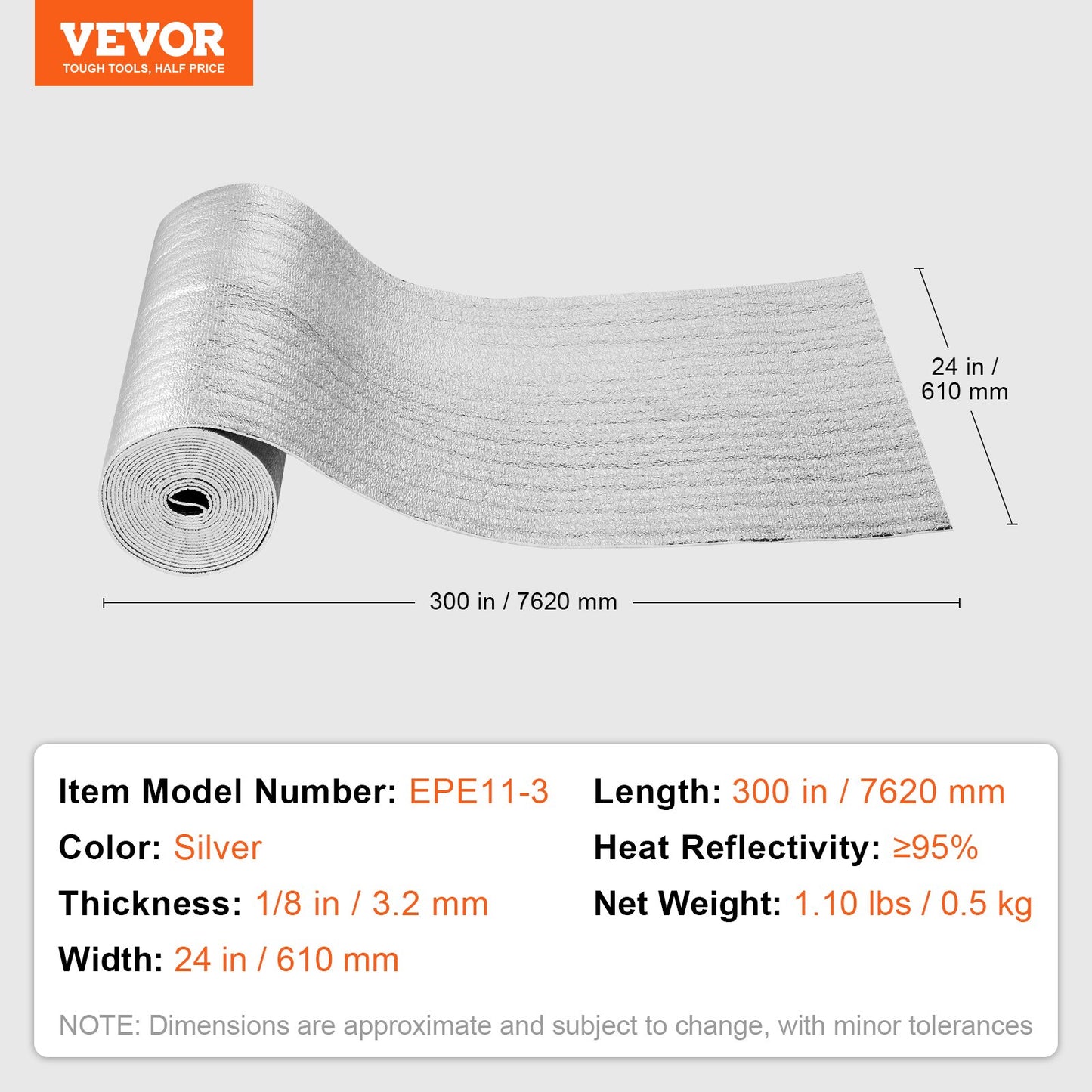 VEVOR Double Reflective Insulation Roll Foam Core Radiant Barrier 300 x 24 Inch/