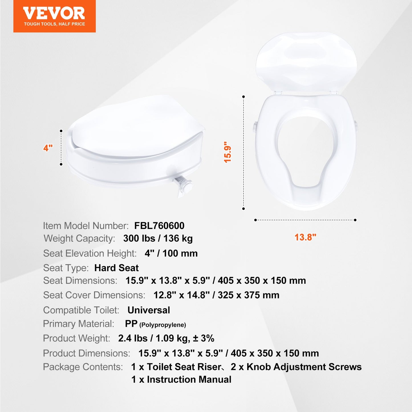 VEVOR Raised Toilet Seat, 100 mm Height Raised, 136 kg Weight Capacity, Universal
