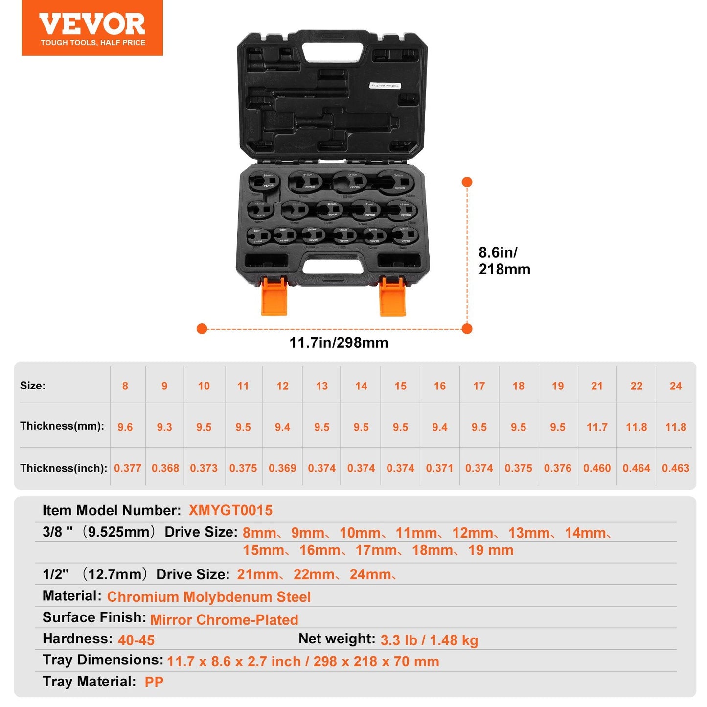 15-Piece Metric Crowfoot Wrench Set with Storage Case, 8-24 mm, CRMO Steel