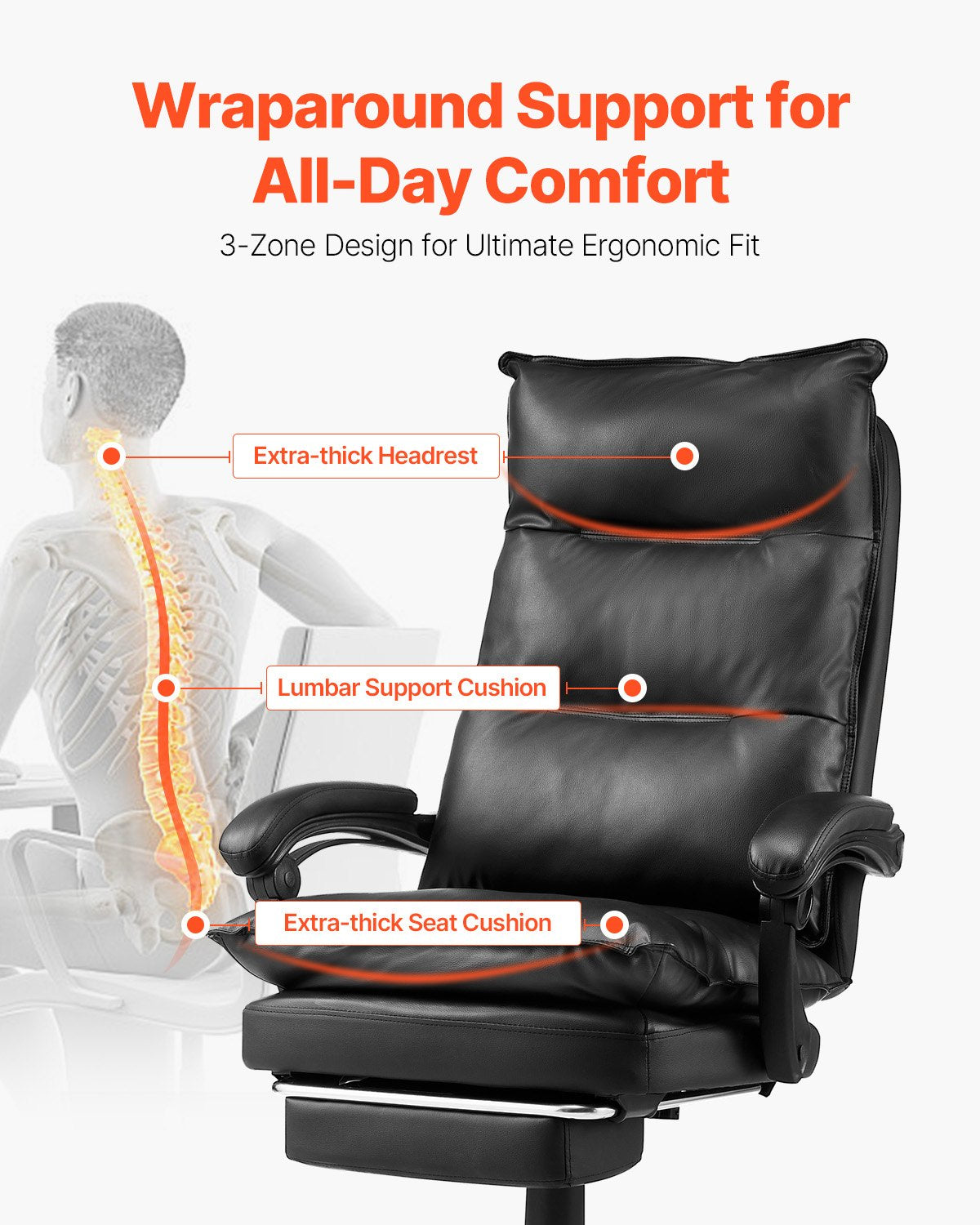 VEVOR Executive Office Chair High Back Chair with Footrest Lumbar Pillow Black
